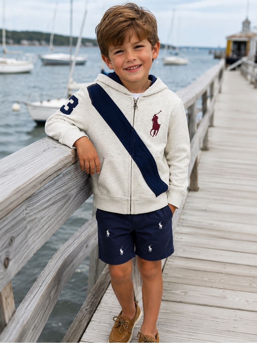 Polo by Ralph Lauren Cream Zip Hoodie with Navy Diagonal Stripe